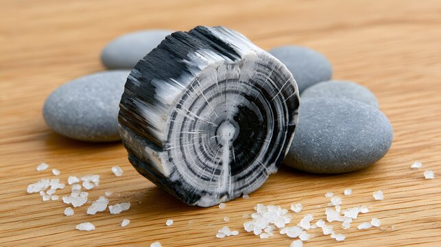 Close-up of a naturally textured charcoal briquette with concentric patterns, accompanied by smooth gray pebbles and scattered sea salt grains on a warm wooden surface, symbolizing natural elements an
