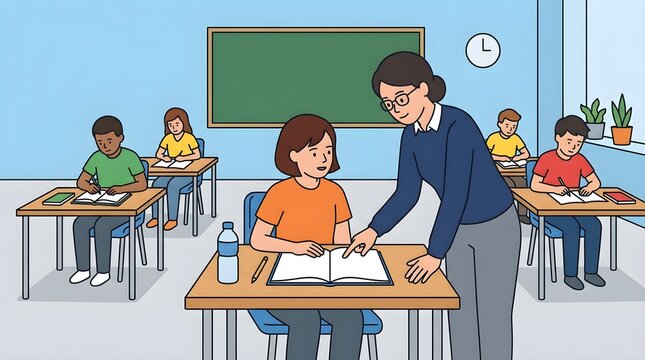 A caring teacher assisting an elementary school student during an individual learning session in a modern classroom. Educational illustration representing personalized education, academic support, and