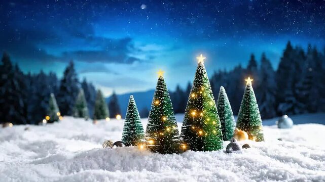 Green christmas tree with glowing white lights and golden star topper on snowy ground with pinecones and snowflakes