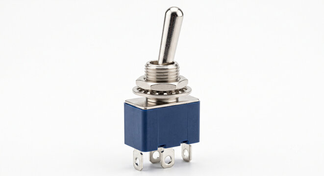 Extreme macro of a miniature electronic toggle switch. Features a bright silver metallic lever and blue plastic base, isolated on pure white.