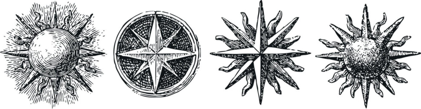 Vintage sun and compass rose sketches set of hand drawn celestial and navigation symbols