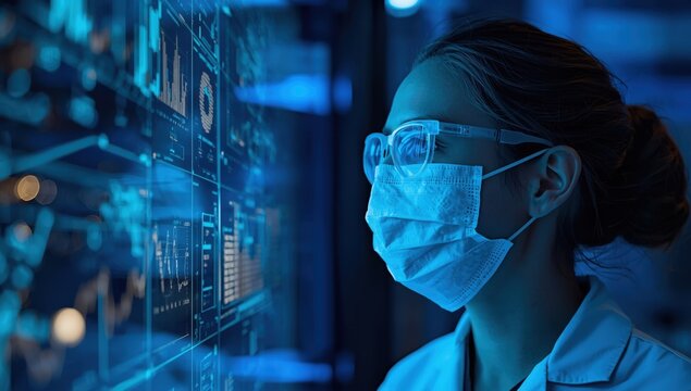 Scientist in face mask and glasses examining glowing blue data screen in a hightech lab