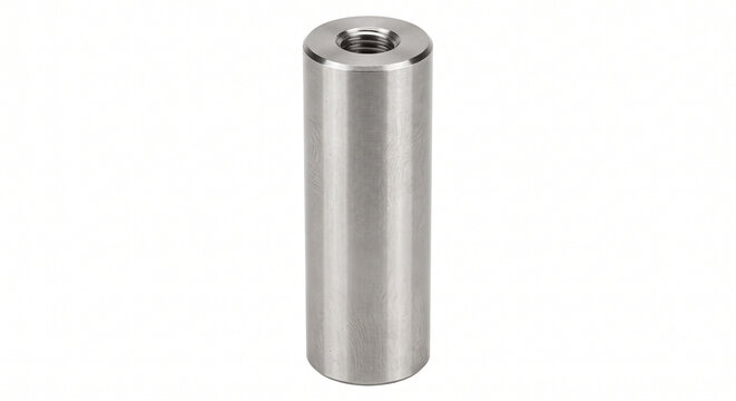 Macro of a bare optical breadboard mounting post. Micro-machined stainless steel cylinder with a threaded top hole, isolated on pure white.