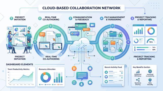 Modern cloud collaboration network technology diagram.
