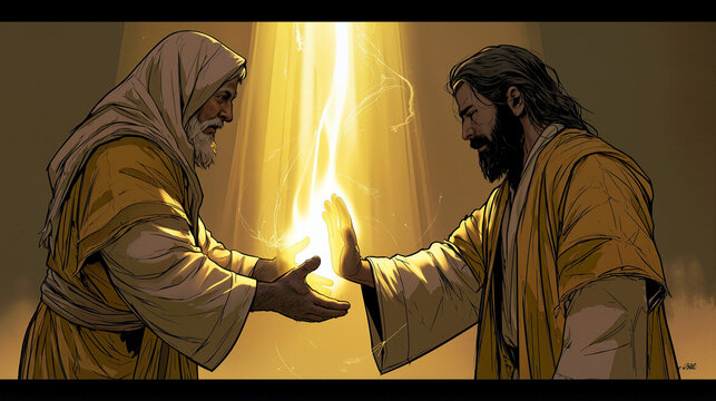 Moses laying his hands on Joshua to commission him as the new leader, divine light transferring.