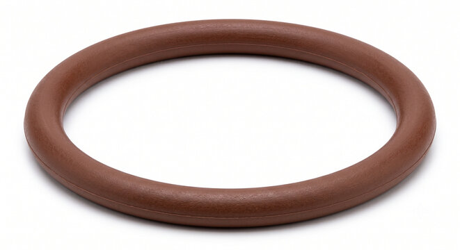 Professional studio macro of a bare brown synthetic elastomer Viton O-ring seal. Industrial hydraulic sealing hardware isolated on pure white.