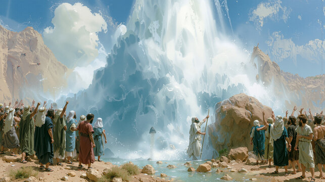 Moses striking the rock at Horeb with his staff, massive geyser of water bursting out, thirsty Israelites cheering.