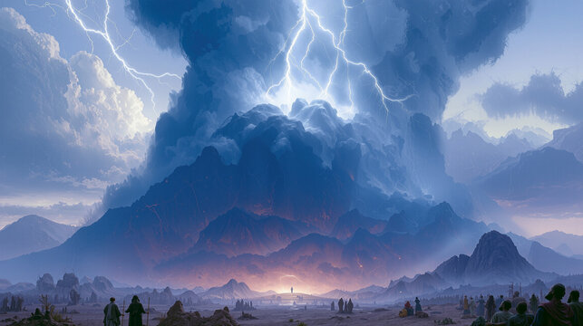 Mount Sinai covered in smoke and lightning as Moses receives the Ten Commandments, divine storm presence.