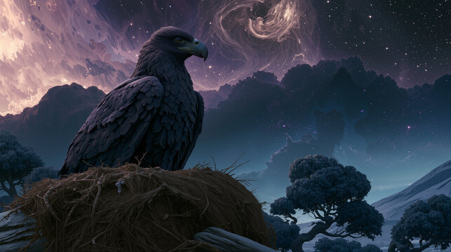 Obadiah's prophecy, the eagle making its nest among the high, unreachable stars, surreal cosmic wildlife imagery.