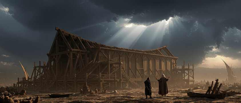 Noah receiving divine instruction to build the ark under storm-darkened skies, colossal wooden structure under construction, epic scale.
