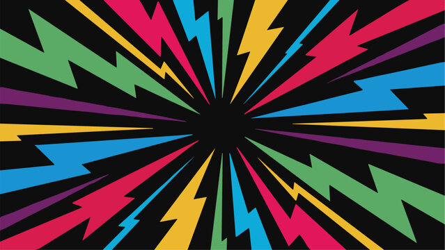 Multicolored lightning bolts radiating from center on transparent background