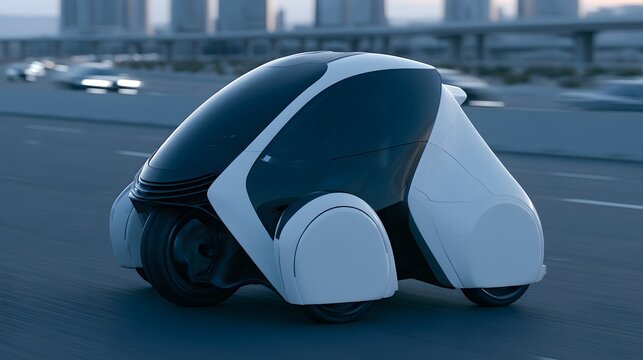 Sleek three-wheel electric concept microcar with autonomous capabilities drives futuristic urban highway at dusk, showcasing innovative design and sustainable city transport