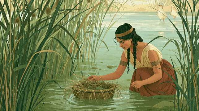 Pharaoh's daughter finding the basket of Moses among the tall green reeds of the Nile River.