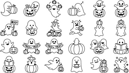 Fototapeta premium Halloween vector set spooky ghosts jack o' lanterns and trick or treat elements for design