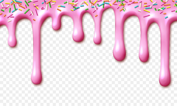 Pink icing with colorful sprinkles dripping on transparent background