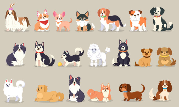 Diverse cartoon dogs collection featuring various breeds in cute poses on beige background