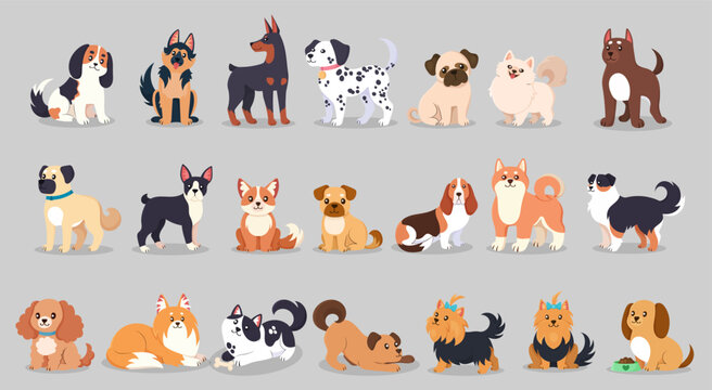 Illustrated variety of dog breeds on neutral background