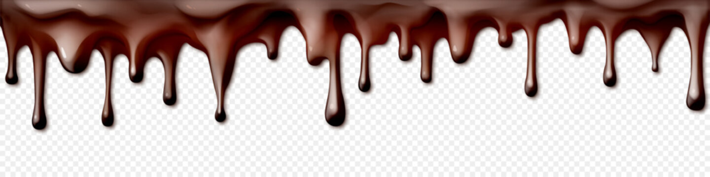 Realistic melting chocolate drips on transparent background