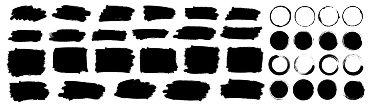 Set of black brush stroke rectangles and circles on white background