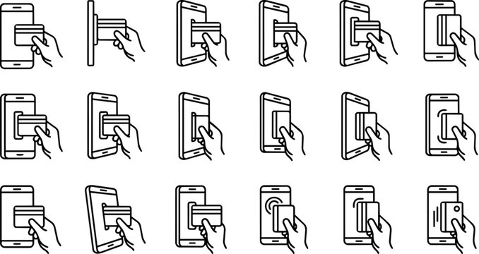 Credit card insertion into smartphone and card reader icons set.