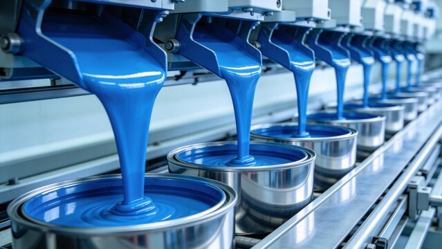 Blue paint being poured into metal cans