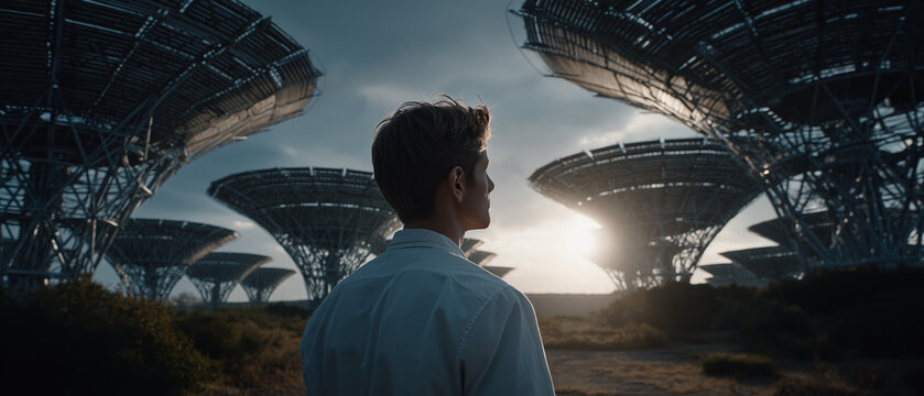 Astronomical Observatory at Dusk: A man gazes out at a vast array of satellite dishes under a twilight sky, hinting at discovery and the wonders of the universe.