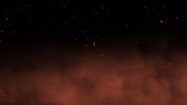 Cinematic fire sparks and glowing embers rising over thick red smoke, dramatic burning ash particles on black background, atmospheric heat overlay