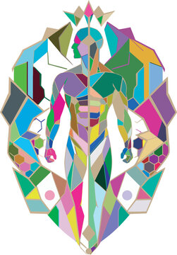 A stylized human figure composed of colorful geometric voronoi shards and hexagonal patterns