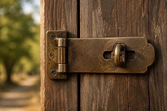 Vintage brass hasp and staple on weathered wooden door, rustic security and antique hardware concept.