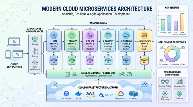 Modern cloud microservices architecture diagram with infrastructure components.