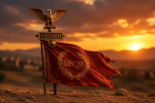 A red Roman legionary standard with a golden eagle planted in sandy soil.
