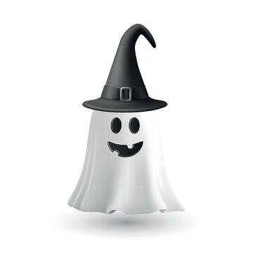 Vector 3d White Ghost with Black Witch Hat, Isolated. Cute Simple White Ghost Vector Illustration. Halloween Ghost Character with Wizard Hat and Floating Sheet. Design Template for Halloween