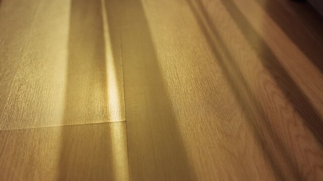 Sunlight shining through curtain into apartment or home on wooden floor parquet. Warm color light creating shadows and lines in early morning sunrise or afternoon sunset beam. Green energy abstract