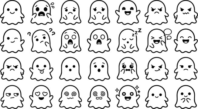 Halloween vector set 25 spooky ghost emojis and icons for halloween decorations and designs