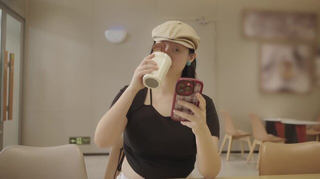 An asian woman takes a selfie with a phone, holding a tumbler, wearing a cap and black top in an indoor casual space.