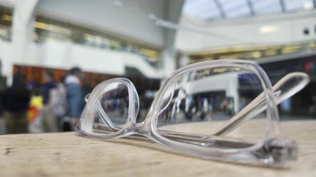 Close Up of Glasses on a Table with Blurred UK Railway Station Concourse in the Background.
A low-angle, close-up shot of a pair of clear-framed eyeglasses sitting on a wooden surface. 
