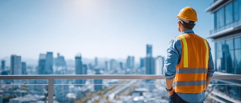 Architect at Construction Site Overlooking Cityscape: A construction worker wearing a hard hat and safety vest gazes at a sprawling cityscape from a high vantage point.