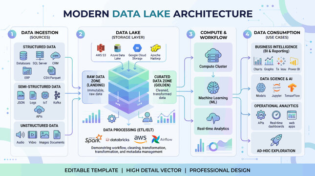 Modern data lake architecture infographic with cloud computing elements.