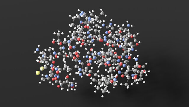 cagrilintide molecule 3d, molecular structure, ball and stick model, structural chemical formula amylin receptor agonist