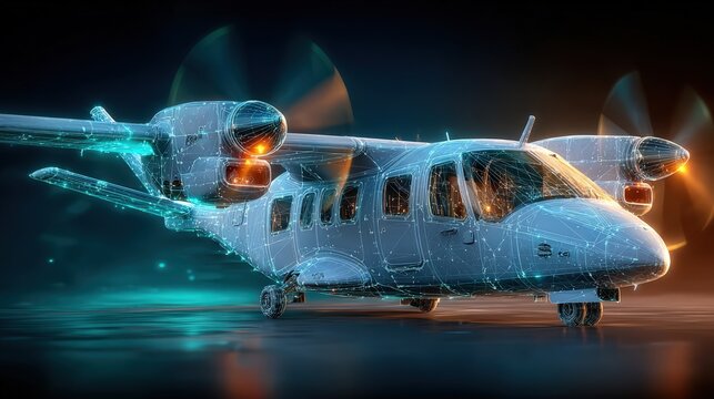 Futuristic twin-engine aircraft rendered in glowing digital circuits, symbolizing advanced technology and innovation in aviation. ..Created with Generative AI, not depicting real subjects.