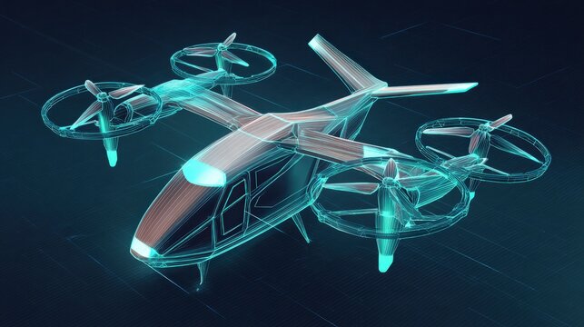 Futuristic flying vehicle concept in a holographic wireframe design, showcasing advanced aerospace technology. ..Created with Generative AI, not depicting real subjects.