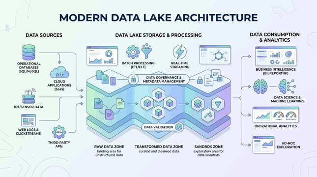 Modern data lake architecture with cloud computing and analytics flow diagram.