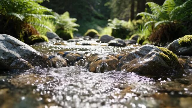 Water flows through rocks in a forest with green plants at the edges in a sunny area during the day