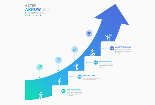 Infographic Staircase Step Business Growth timeline with 4 Step Arrow Process and Concepts for Success Diagram Background
