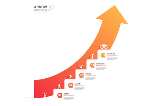 Infographic Staircase Step Business Growth timeline with 5 Step Arrow Process and Concepts for Success Diagram Background