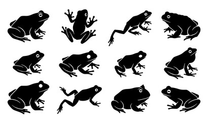 Fototapeta premium Amphibian Wetland Wildlife Silhouette Icon Set Featuring Various Poses and Species of Black Frogs and Toads for Nature Designs Vector Illustration