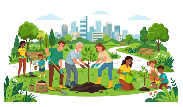 Green City Environmental Volunteer Tree Planting Campaign Flat Cartoon Vector Poster Design