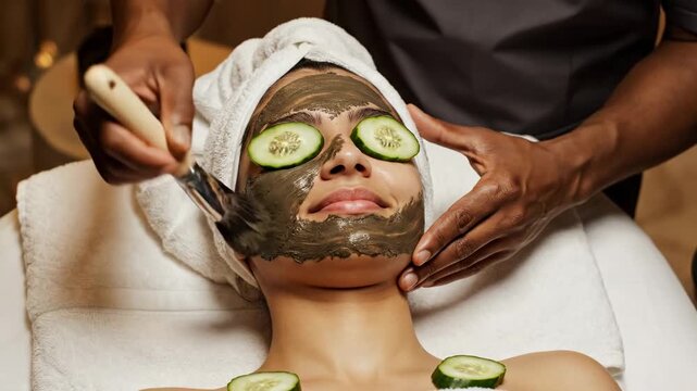 Enjoy a spa treatment with a facial mask and cucumber slice on eyes at a wellness center