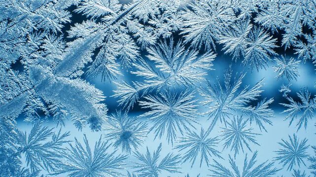 Winter window frost forms on glass with a blurred view of a snowy landscape outside