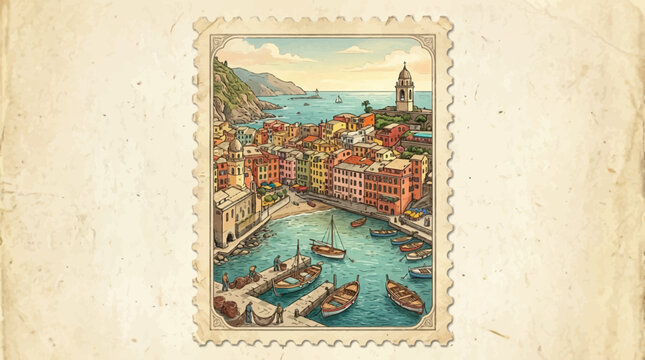 A retro-style illustration of a picturesque Italian village marina with boats and buildings